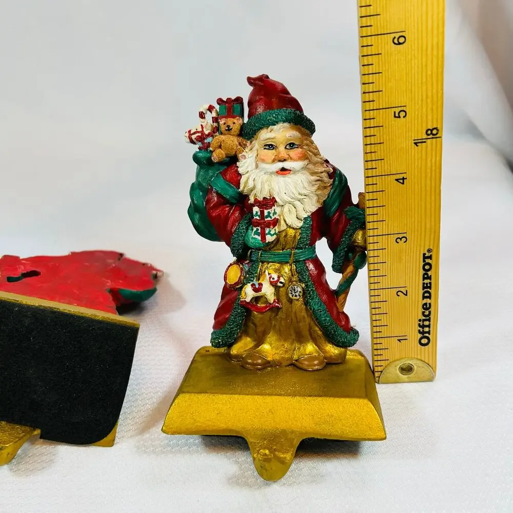 3 Cast Iron Base Hand Painted Santa Stocking Holder Vintage Christmas
